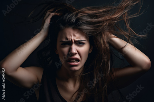 Portrait of a woman pulling her hair in frustration, with an exasperated expression, against a high-contrast studio background, generative ai