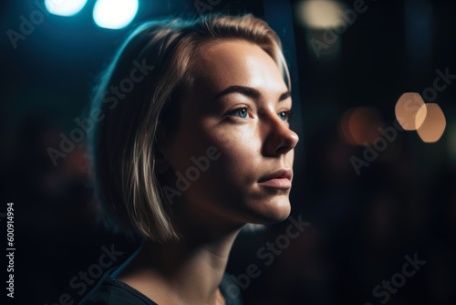 Portrait of a woman with a captivated, impressed expression, watching a captivating performance, against a dramatic, stage-like studio background, generative ai © aicandy