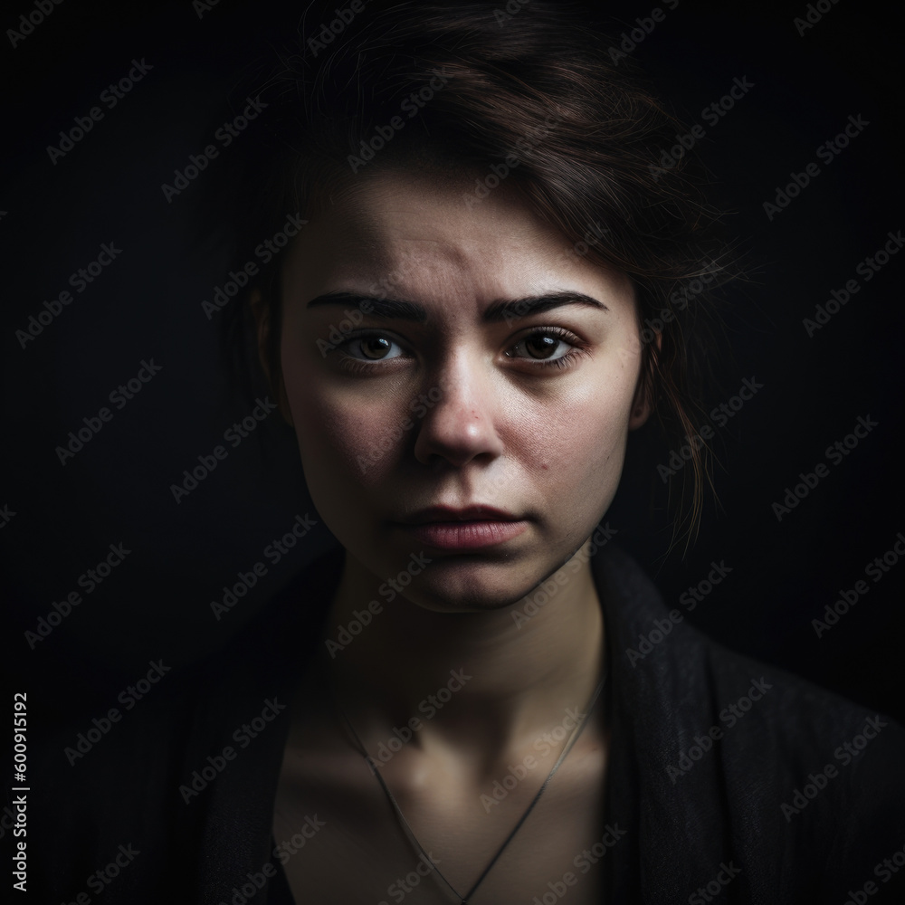 Portrait of a woman with downcast eyes, displaying an expression of shame, against a somber, dark studio background, generative ai