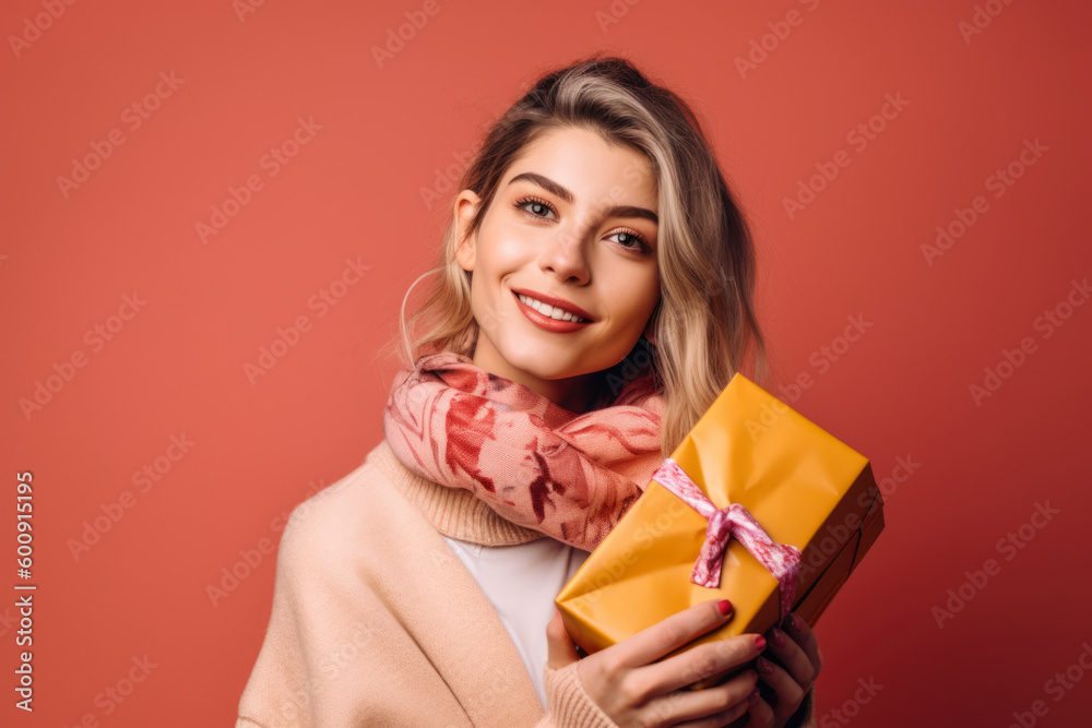 Portrait of a woman with an impressed smile, holding a beautifully wrapped gift, set against a festive, colorful studio background, generative ai Portrait of a woman with an impressed smile, holding a beautifully wrapped gift, set against a festive, colorful studio background, generative ai