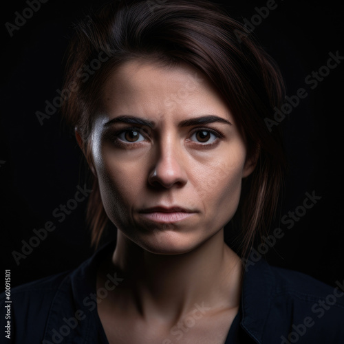 Portrait of a woman with a worried frown, displaying a pessimistic expression, against a dark, moody studio background, generative ai