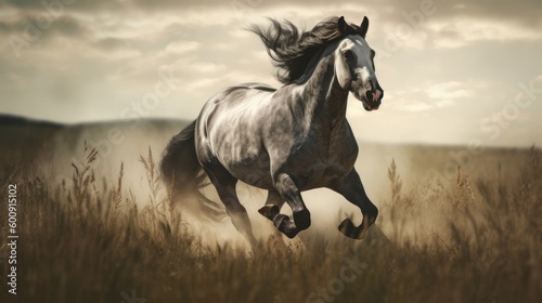 A majestic stallion galloping across a field. AI generated