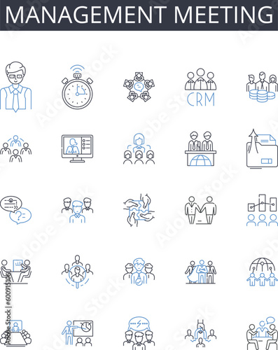 Management meeting line icons collection. Creativity, Ingenuity, Insight, Novelty, Futurism, Ideation, Piering vector and linear illustration. Progress,Evolution,Change outline signs set