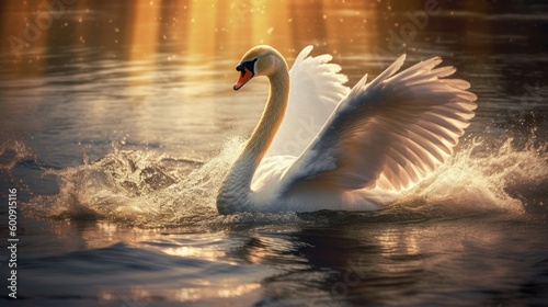 Fototapeta Naklejka Na Ścianę i Meble -  A majestic swan gliding on water. AI generated