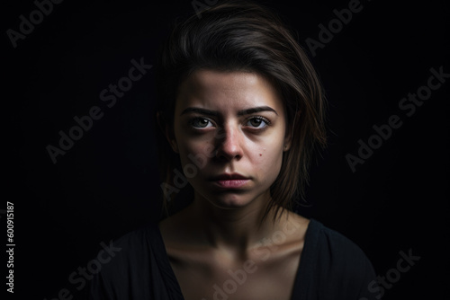Portrait of a woman with downcast eyes, displaying an expression of shame, against a somber, dark studio background, generative ai