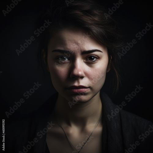 Portrait of a woman with downcast eyes, displaying an expression of shame, against a somber, dark studio background, generative ai