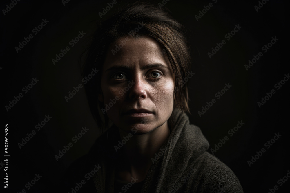 Subdued portrait of a forlorn woman in a dimly-lit studio with a neutral expression and minimalistic styling, generative ai Subdued portrait of a forlorn woman in a dimly-lit studio with a neutral expression and minimalistic styling, generative ai