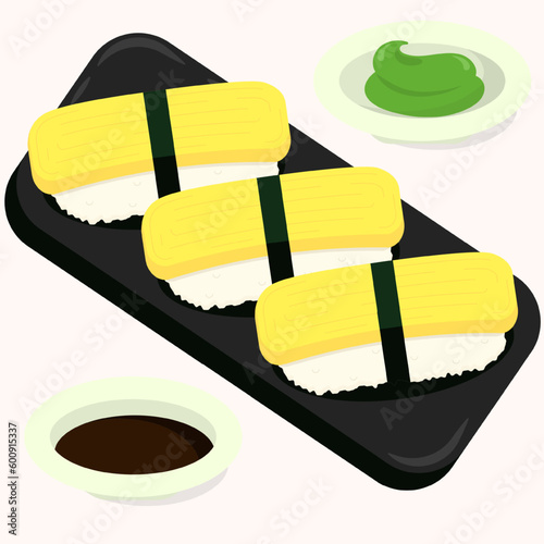 Japanese nigiri sushi with egg or tamagoyaki. Isolated food illustration