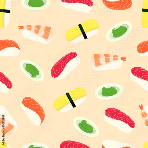 Seamless pattern of nigiri sushi and wasabi flat design illustration