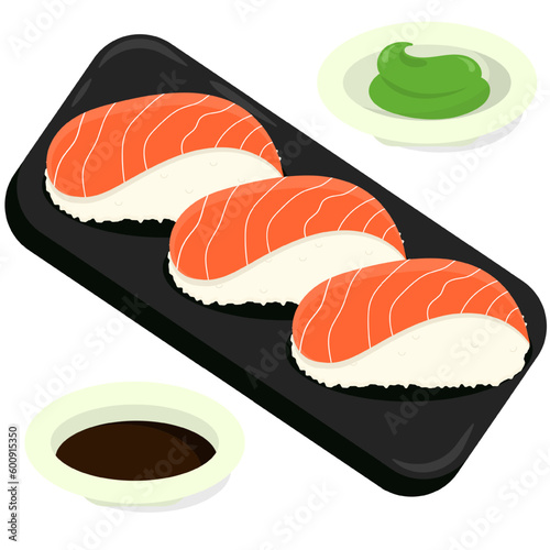 Flat vector design illustration of Japanese salmon nigiri sushi. Isolated Asian food
