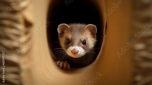 A mischievous ferret peeking out of a cardboard tube. AI generated