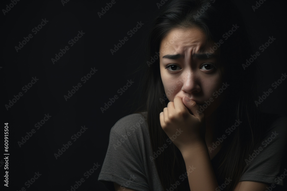 Woman Overcome with Sadness and Grief on a Dark Studio Background, generative ai Woman Overcome with Sadness and Grief on a Dark Studio Background, generative ai