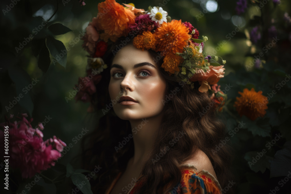 Woman Embracing Nature with a Crown of Colorful Flowers and Leaves, generative ai