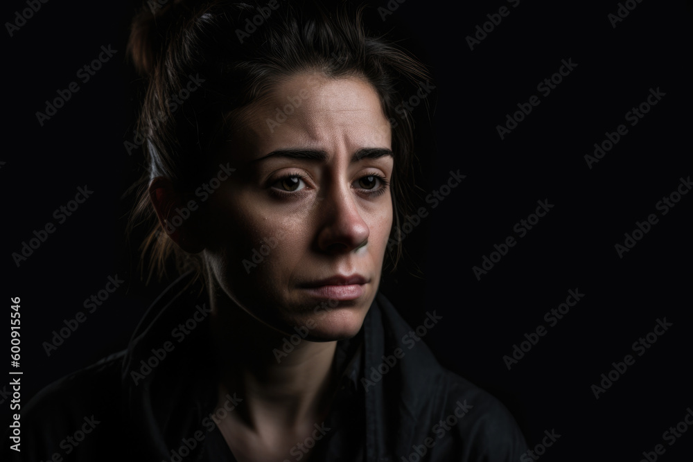 Woman with Sadness and Grief on a Dark Studio Background, generative ai