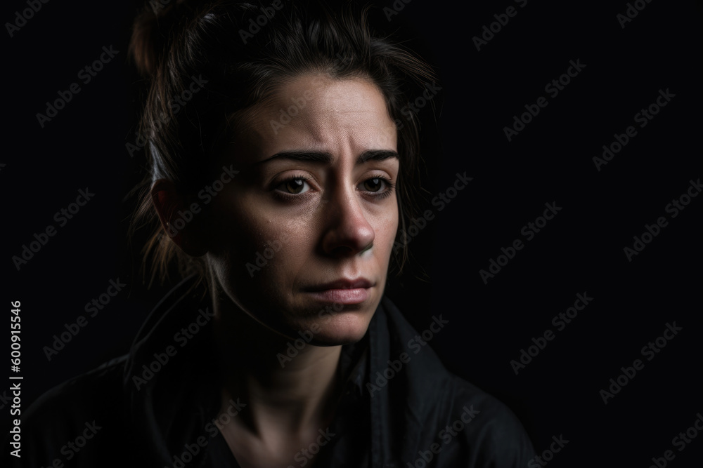 Woman with Sadness and Grief on a Dark Studio Background, generative ai
