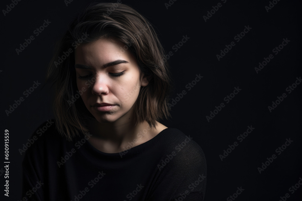 woman with an ashamed expression, turning her head away from the camera, set against a minimalistic, monochromatic studio background, generative ai