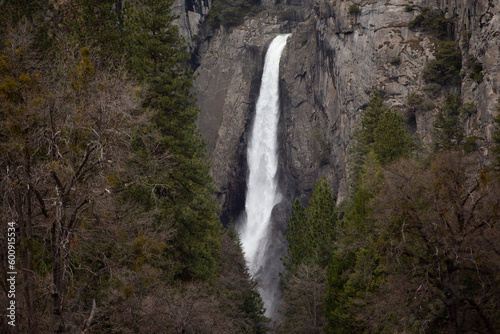 Yosemite NP, CA, USA - March 29, 2022: Majestic views of granite formations, waterfalls, lakes and streams located within this popular destination.