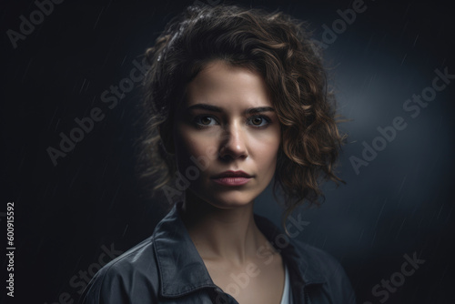 A Portrait of a woman with a pessimistic expression, surrounded by a stormy cloud, against a dramatic, weather-inspired studio background, generative ai photo