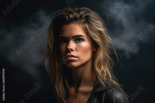 A Portrait of a woman with a pessimistic expression  surrounded by a stormy cloud  against a dramatic  weather-inspired studio background  generative ai