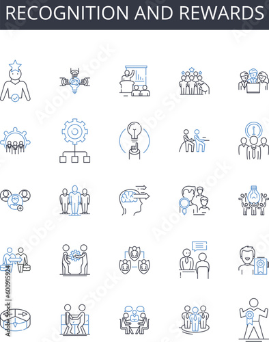 Recognition and rewards line icons collection. AdWords, Bing, Clicks, Conversions, Costs, CTR Click-Through Rate, Quality Score vector and linear illustration. Impressions,Landing Pages,Ads outline