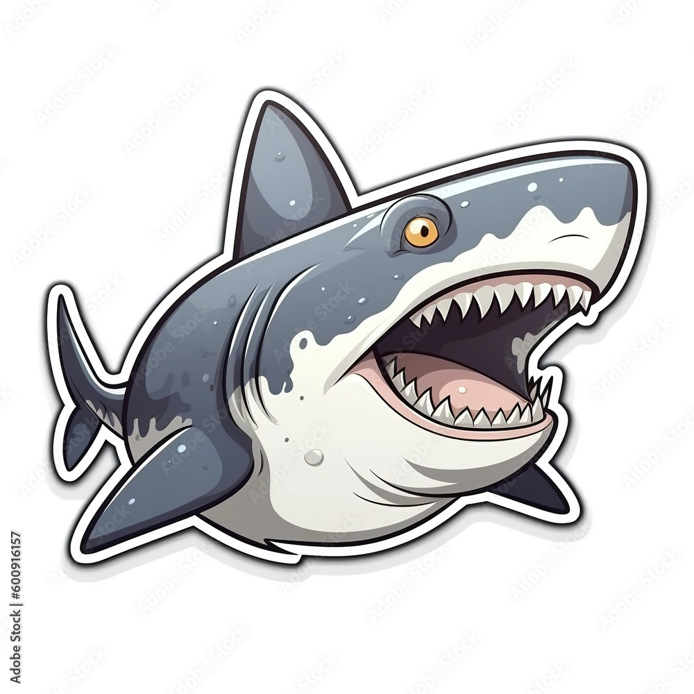 Cartoon sticker of a White shark over white background. Generative AI illustration