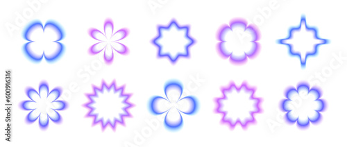 Y2k smooth gradient flowers set. Pastel blurry flower aura collection. Abstract blurred trendy elements for logo, templates, badges, stickers, collages. Vector illustration pack 