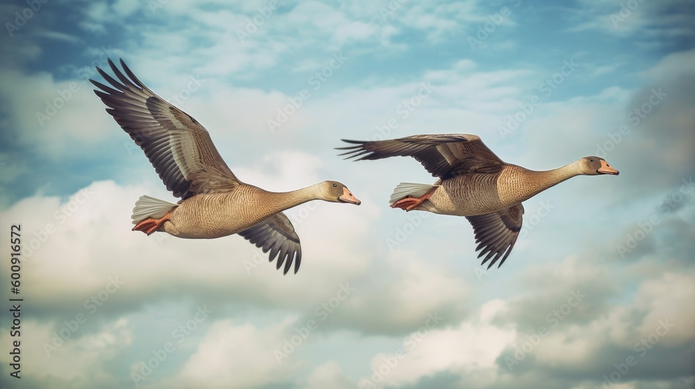 A pair of geese honking as they fly across the sky. AI generated