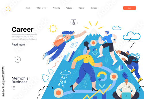 Memphis business illustration. Career-modern flat vector concept illustration of people climbing the mountain. Climbing up the career ladder process metaphor. Corporate business metaphor