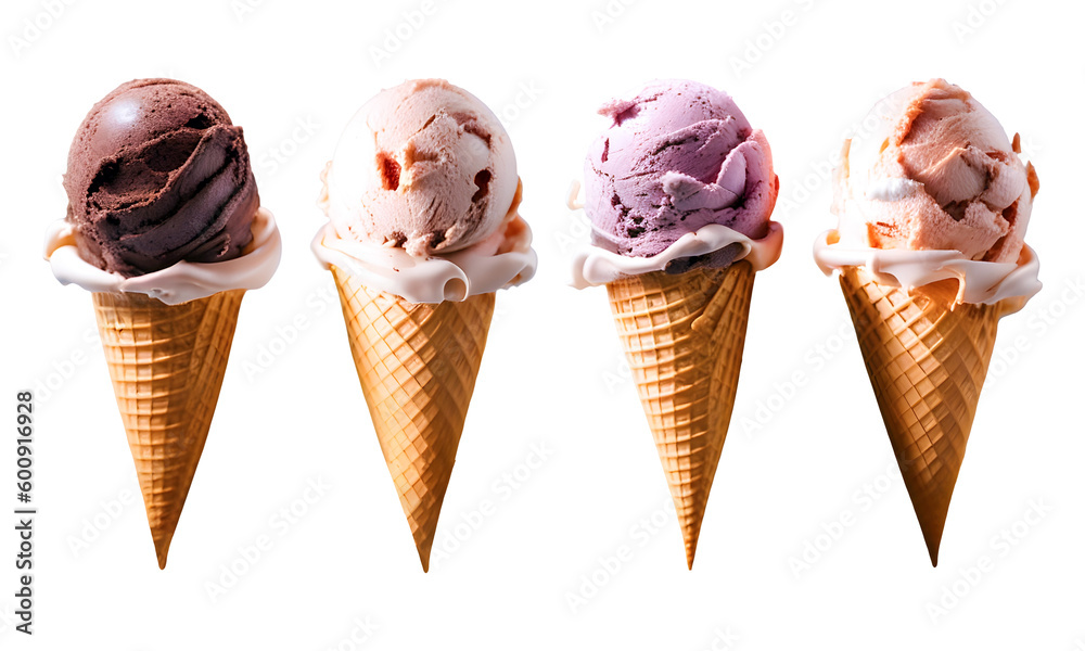 ice cream cone different flavors transparent background PNG Stock