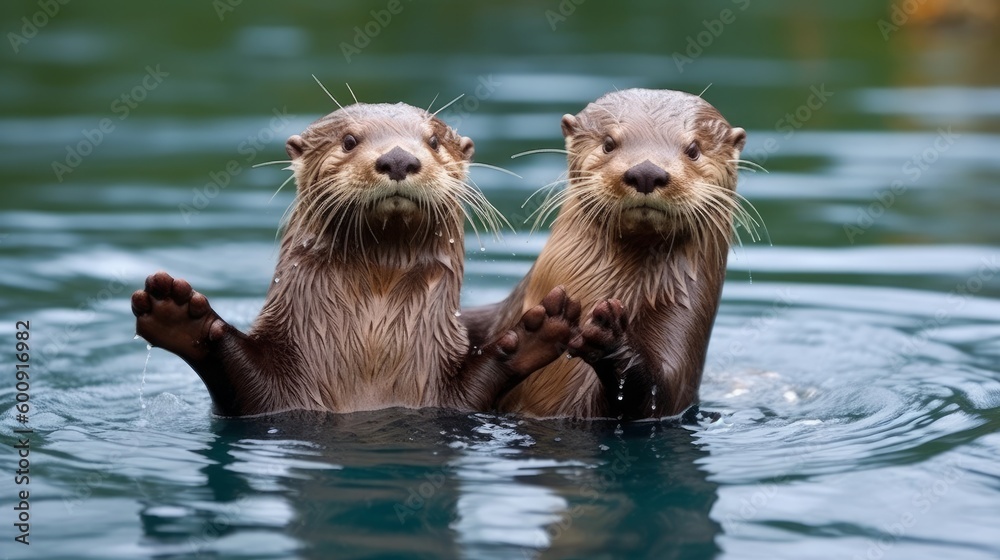 A pair of otters holding hands while floating on the. AI generated