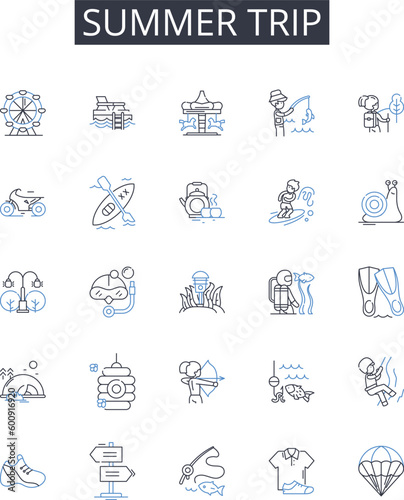 Summer trip line icons collection. Fashionable, Trendy, Elegant, Stylish, Sophisticated, Upscale, Boutique vector and linear illustration. Glamorous,Designer,Chic outline signs set