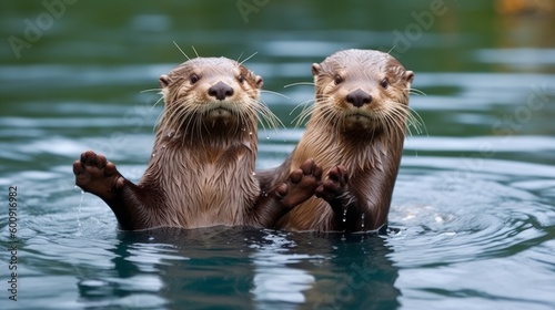 A pair of otters holding hands while floating on the. AI generated © ArtStage
