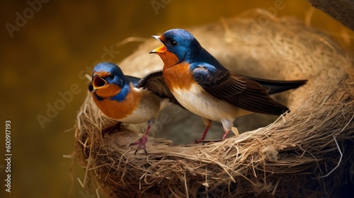 A pair of swallows building a nest. AI generated © ArtStage