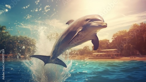 A playful dolphin jumping out of the water. AI generated © ArtStage
