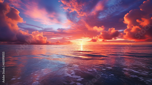 Photo of sunset over a calm ocean, with hues of orange, pink, and purple painting the sky generative ai