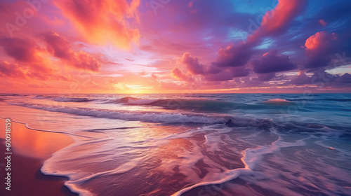 Photo of sunset over a calm ocean, with hues of orange, pink, and purple painting the sky generative ai © Xavier