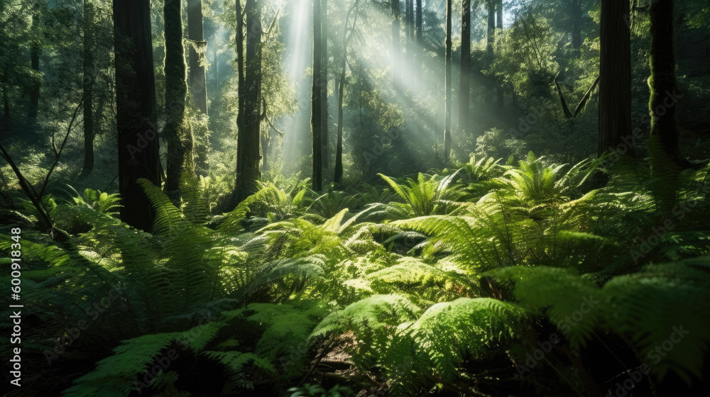 Photo of dense forest with tall trees, ferns, and bushes, with shafts of sunlight breaking through the canopy generative ai