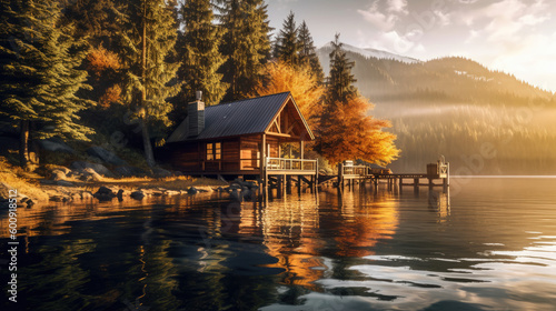 Photo of lakeside cabin with a wooden dock, surrounded by tall trees and mountains in the distance generative ai
