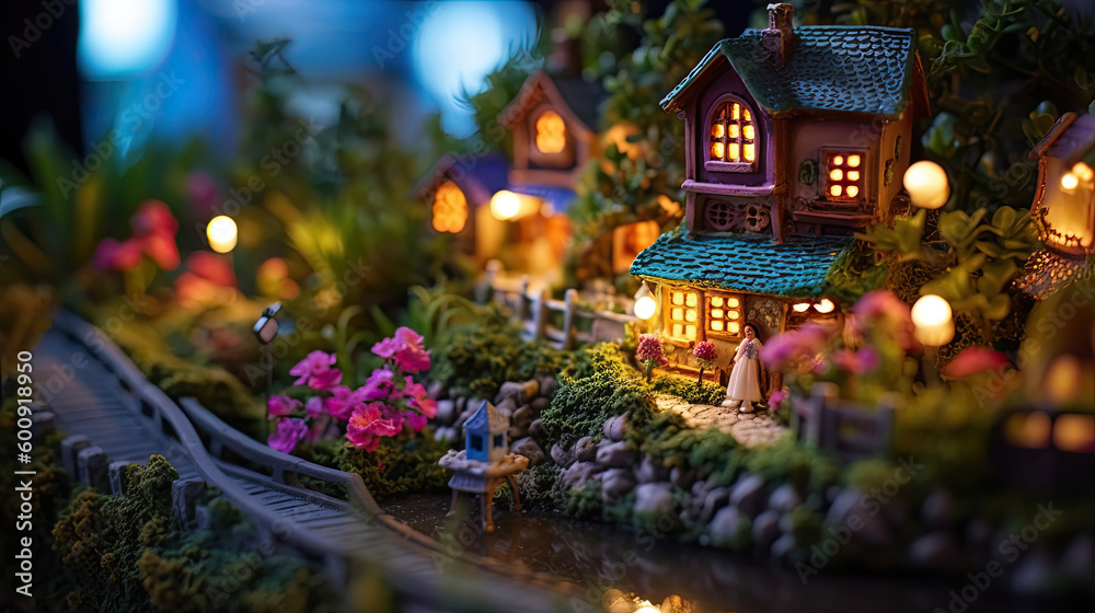 Photo Of Tiny Homes Side, and Delicate Flowers. Landscape Miniature Art Generative AI Photo Of Tiny Homes Side, and Delicate Flowers. Landscape Miniature Art Generative AI