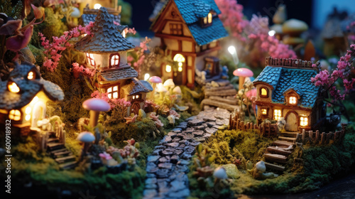 Photo Of Tiny Home Village, and Delicate Flowers. Landscape Miniature Art Generative AI 