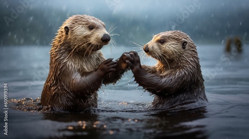 A playful sea otter holding hands with a companion. AI generated © ArtStage