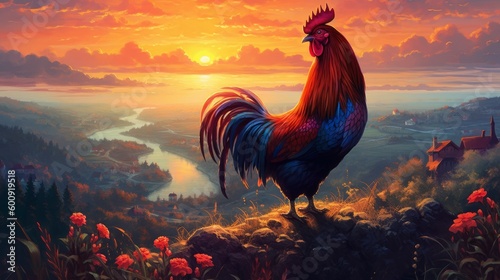 Fotografija A popular rooster crowing at sunrise. AI generated
