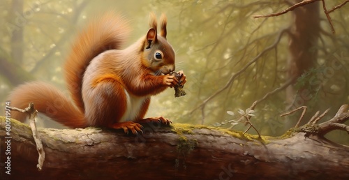 A red squirrel perched on a tree branch nibbling on . AI generated © ArtStage