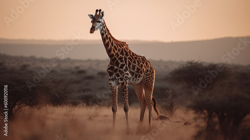 Immerse yourself in the tranquility of the golden hour as a giraffe grazes peacefully in the savannah, a living symbol of harmony and balance in the natural world.