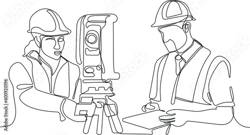 Close up of Caucasian worker with helmet on head using tablet for work while standing in warehouse. Surveyor with a tripod icon. Geodesic tripod. Vector illustration
