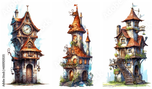 Watercolour fantasy tiny rustic house. Fantasy set of illustrations on a white background. Fussy cuts, greeting cards and envelopes artwork project set 22.