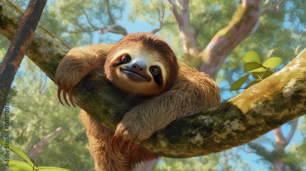 Fototapeta premium A shy sloth hanging from a tree. AI generated