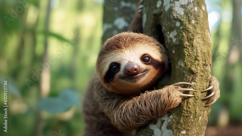 A shy sloth hanging from a tree. AI generated