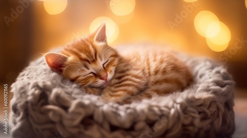 A sleeping kitten curled up in a cozy bed. AI generated © ArtStage