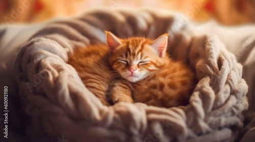 A sleeping kitten curled up in a cozy bed. AI generated